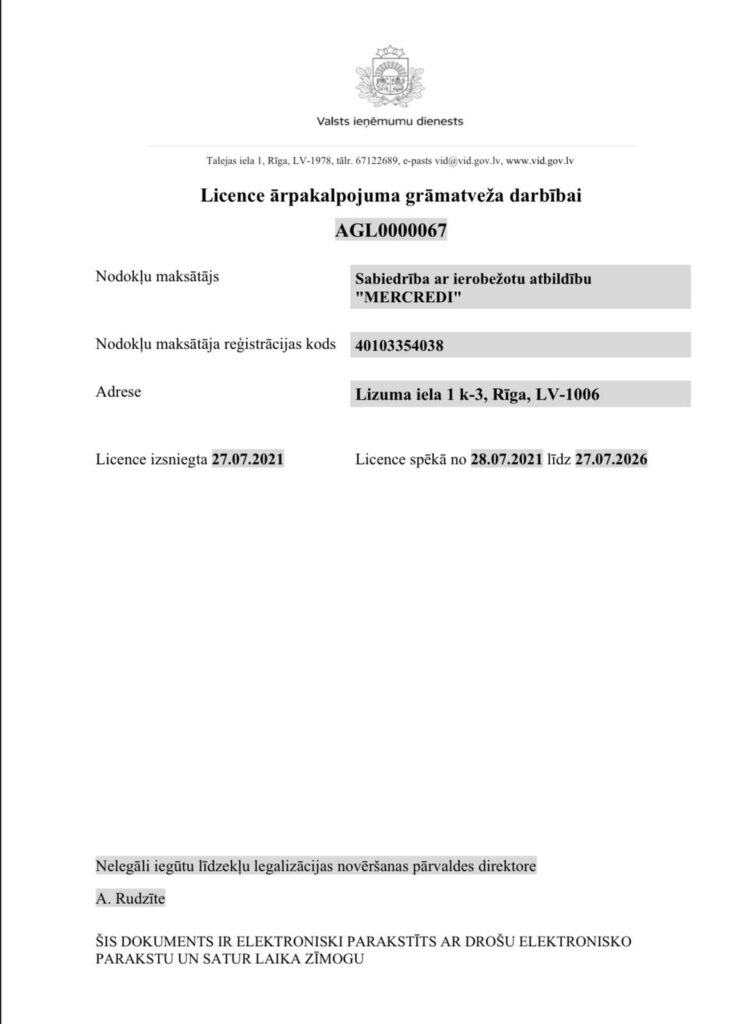 Licence ārpakalpojumu grāmatveža darbībai